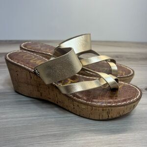Sam Edelman Womens Rayna Metallic Leather Cork Wedge Heel Slip On Sandal Sz 7.5M